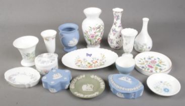 A quantity of ceramics. Includes Wedgwood jasperware, Minton, Royal Albert, Aynsley etc.