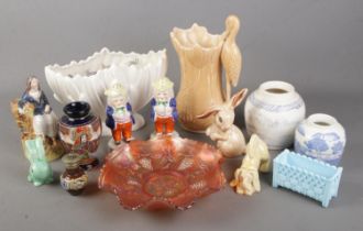 A collection of ceramics and glass. Includes Doulton Lambeth, pressed glass basket, 19th century
