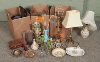Three boxes of mixed collectables including cut glass platters, trinket boxes and vases, brass table