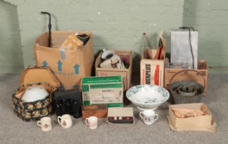 Four boxes of miscellaneous to include Gold State Coach lead figure, ceramics, jam pan, etc.