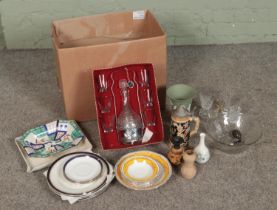 A box of mixed collectable including Wedgwood items, Duchess china, German stein, Crown Devon,