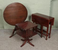 A quantity of furniture to include oak tilt top wine table, small mahogany drop leaf table and