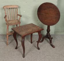 A quantity of furniture to include child chair, oak fold over table and small carved side table.