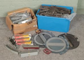 Two boxes of assorted model railway track and accessories to include O Gauge, OO Gauge,