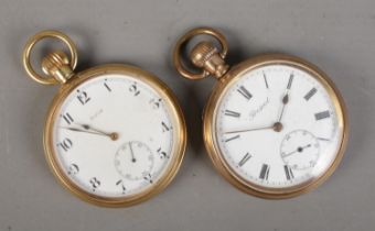 Two gold plated pocket watches; Avia and Prescot. Both working.