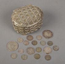 A collection of British pre 1947 silver coins. Includes Victorian examples; 1899 Half Crown, 1875