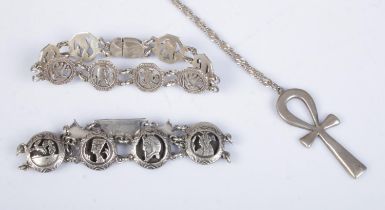Three pieces of silver jewellery, to include two Siamese link bracelets and a silver crucifix