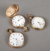 Three gold plated pocket watches. Includes Elgin full hunter, Waltham and one other. All working.