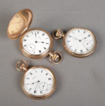 Three gold plated pocket watches. Includes Waltham full hunter in Dennison case, open face Waltham