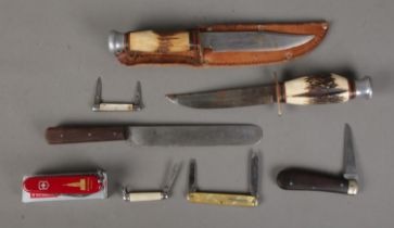 A collection of assorted knives to include C. Butler, Richards, horn handled hunting knives,