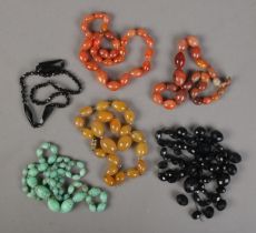 Six costume jewellery bead necklaces. Includes glass and stone examples.