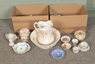 Two boxes of assorted ceramics to include Noritake, Coalport, Staffordshire Pagoda, Colclough, etc.