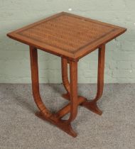 A French oak Art Deco style side table with parquetry design to top. Hx69cm Wx55cm Dx55cm