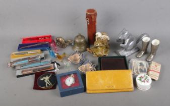 A box of assorted collectables to include art glass animals, Parker pen, novelty Squirrel