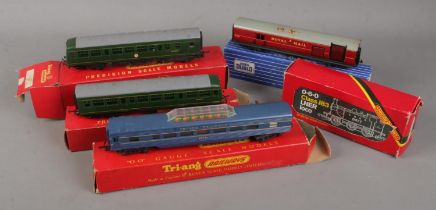 A collection of model trains and carriages including Hornby Dublo TPO mail van, Tri-ang Vista Dome