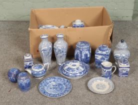 A box of blue and white ceramics including ginger jars, tea pots, vases and plates. Including