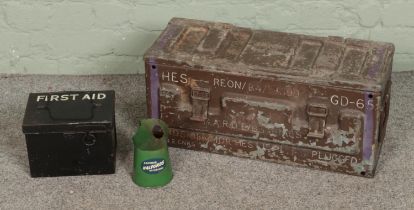 A vintage military metal ammo crate along with first aid kit box and Halfords oil jug.