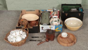 Two boxes of miscellaneous to include cased Aldis projector, Japy Freres coffee grinder, two gigot'