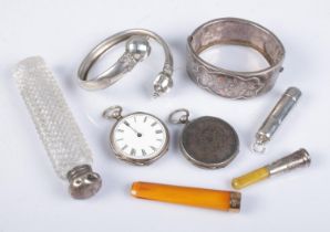 A collection of silver, also includes 18ct gold mounted cheroot holder. Fob watches, bangles etc.