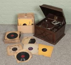 A His Master's Voice hornless gramophone along with a collection vinyl 78RPM records, etc.