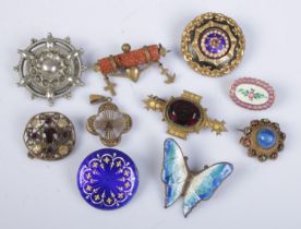 Ten antique brooches. Includes enamelled examples, goldstone etc.