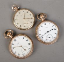 Three gold plated pocket watches, all in Dennison cases. Includes Limit, Cyrano and Crusader. Cyrano