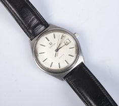 A men's Omega quartz wristwatch with black leather strap and stainless steel dial.