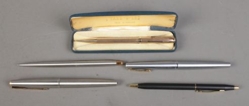 A collection of fountain pens and propelling pencils to include Parker, cased Rolled Gold Yard-O-