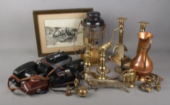 A quantity of mixed collectables including a Tilley lamp, various metal wares including brass