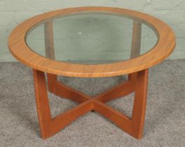 A G Plan style circular coffee table with glass top. Hx43cm Dx76cm