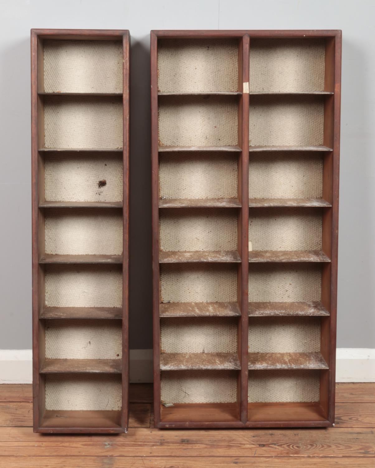 Two wooden shelved storage units. Height: 99cm, Width: 23cm/46cm, Depth: 15cm.