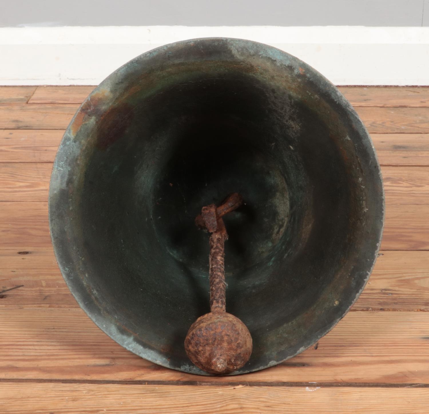 A late nineteenth/early twentieth century large bronze school bell, with top mount and cast iron - Image 2 of 2