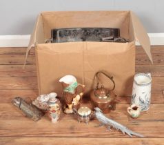 A box of miscellaneous to include Hornsea fauna, silver plate, copper teapot, white metal