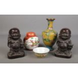 A collection of oriental items including ginger jar, cloisonne vase, small dish and two composite