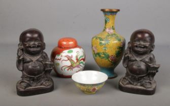 A collection of oriental items including ginger jar, cloisonne vase, small dish and two composite