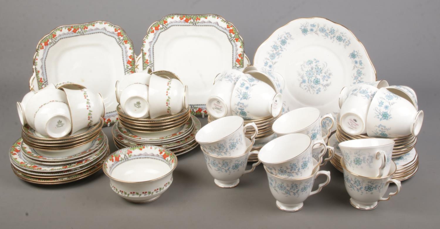 A collection of bone china teawares. Includes Aynsley Orange Tree and Colclough Braganza.