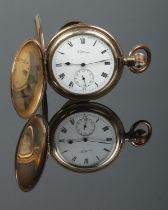 A Waltham Mass gold plated full hunter pocket watch, with Roman Numeral dial and subsidiary seconds.