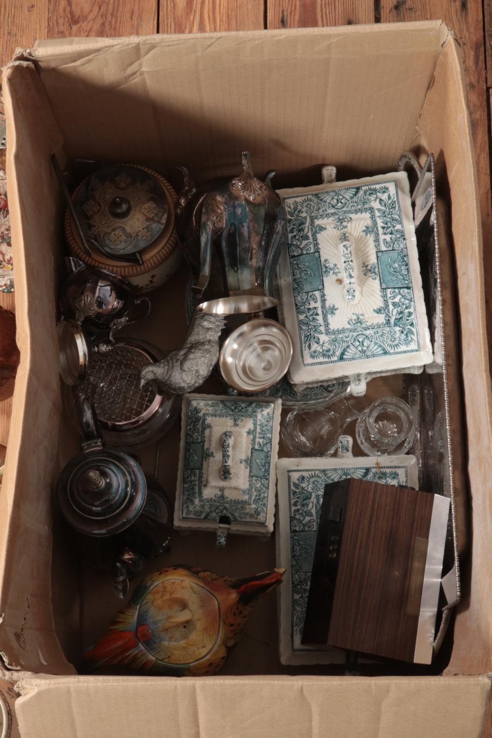 A box of miscellaneous to include Hornsea fauna, silver plate, copper teapot, white metal - Image 2 of 2