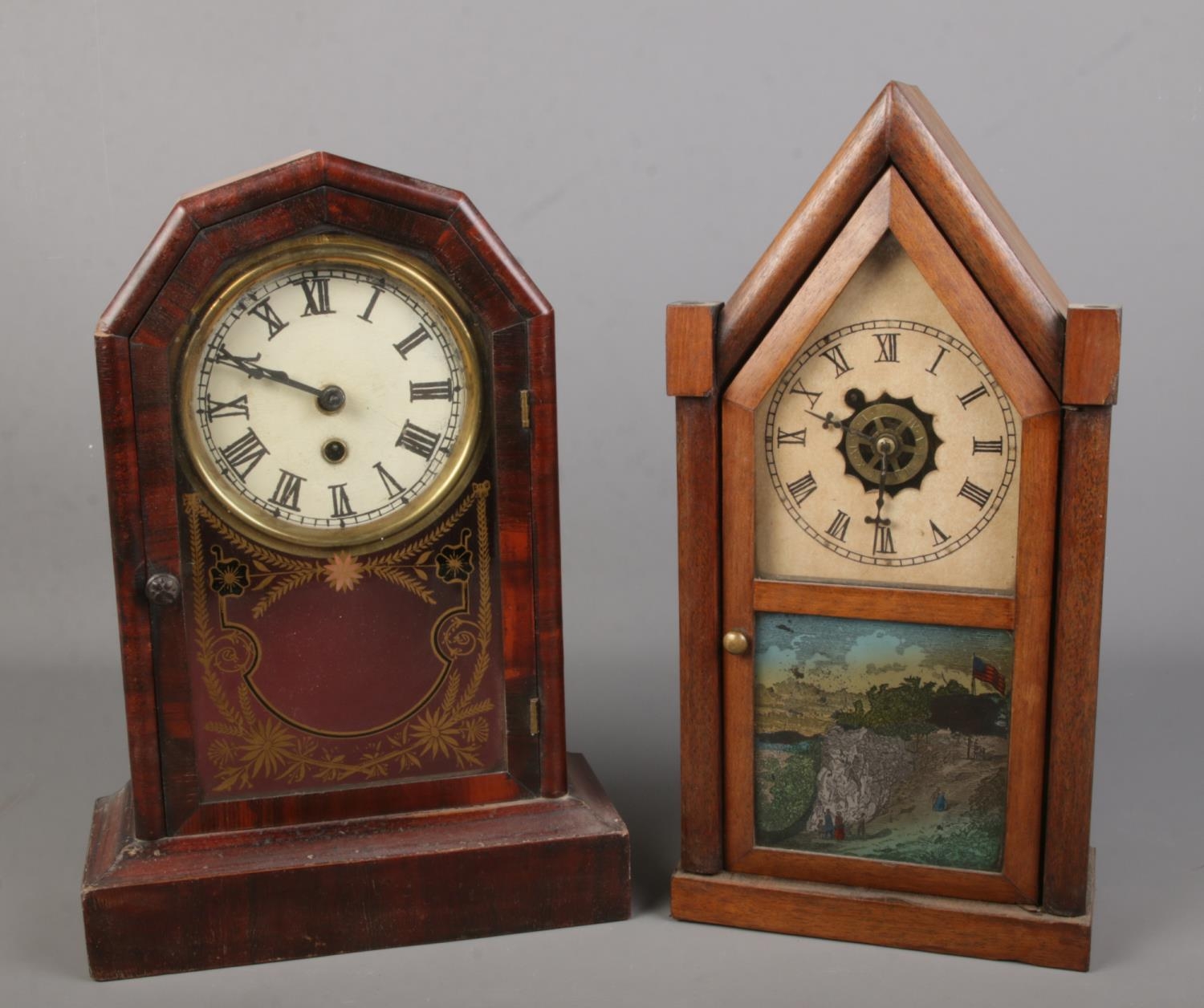 Two American clocks including 8 day wall clock and mantel clock examples. wall clock example has