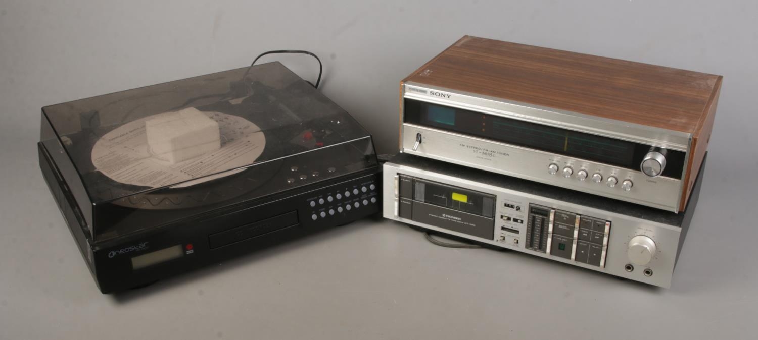 A Hi-fi system compromising of Sony ST-5055l AM/FM Tuner, Pioneer CT-740 Cassette Player and Neostar