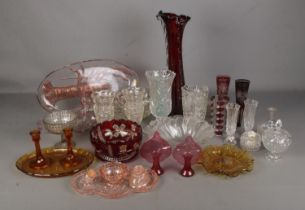 A large collection of glass including Murano style vase, Avalon lobster plate, coloured glass candle