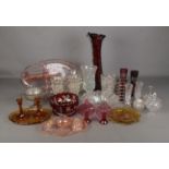 A large collection of glass including Murano style vase, Avalon lobster plate, coloured glass candle