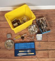 A box of assorted silver plate to include WMF, Viners, cigarette cases, scissors, napkin rings, etc.