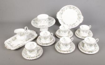 A collection of Royal Albert Brigadoon tea wares to include pedestal cake stand, milk jug, sugar