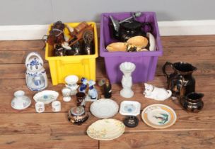 Two boxes of miscellaneous ceramics to include Wedgwood, Quimper, collection of shire horses,