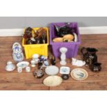 Two boxes of miscellaneous ceramics to include Wedgwood, Quimper, collection of shire horses,