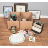 Two boxes of miscellaneous. Includes Laura Ashley Chinese Silk platter, Gouda Gerla vase, framed