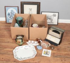 Two boxes of miscellaneous. Includes Laura Ashley Chinese Silk platter, Gouda Gerla vase, framed