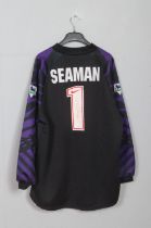 Signed David Seaman black and purple number 1 Arsenal goalkeeping shirt (size XXL) from the 1995-