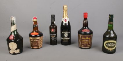 Six bottles of sealed alcohol, to include Tia Maria, Taylors Port and Ambassador Champagne.
